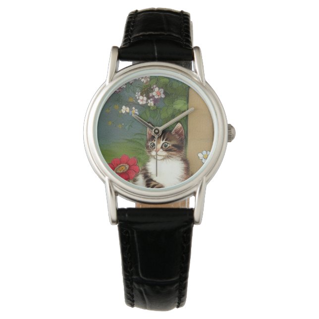 Vintage Cat Illustration with Spring Flowers Watch (Front)