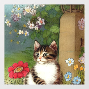 Vintage Cat Illustration with Spring Flowers Window Cling