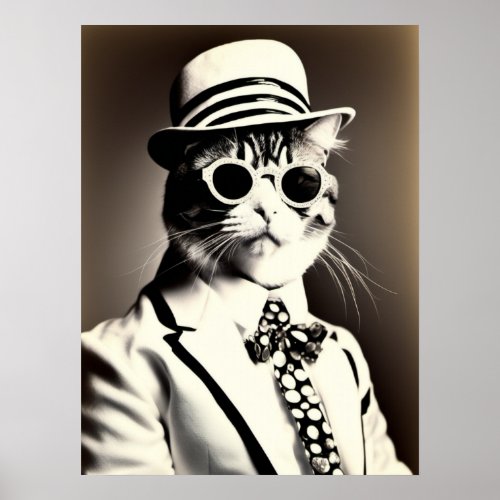 Vintage Cat in a Suit  Hat Poster