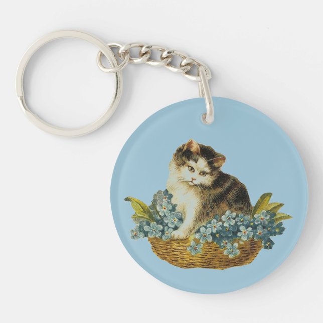 Vintage Cat In Basket Keychain (Front)