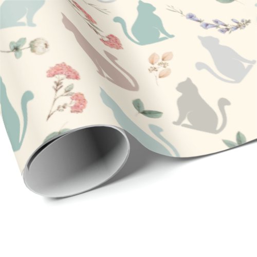 Vintage Cat in Floral Garden in Pink Wrapping Paper