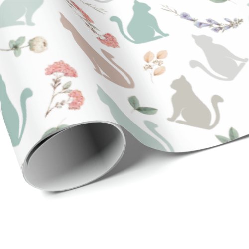 Vintage Cat in Floral Garden in White Wrapping Paper