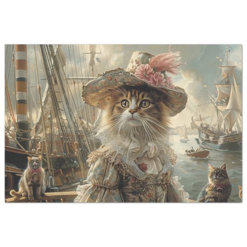 Vintage Cat in Lace on Ship Decoupage  Tissue Paper