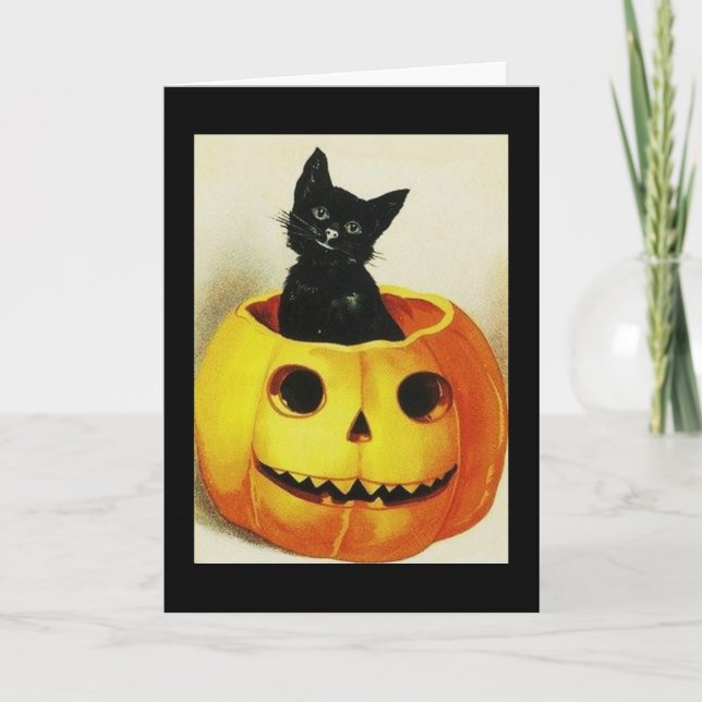 Vintage Cat in Pumpkin Card (Front)
