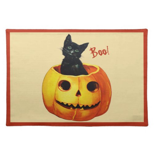 Vintage Cat in Pumpkin Halloween Placemat