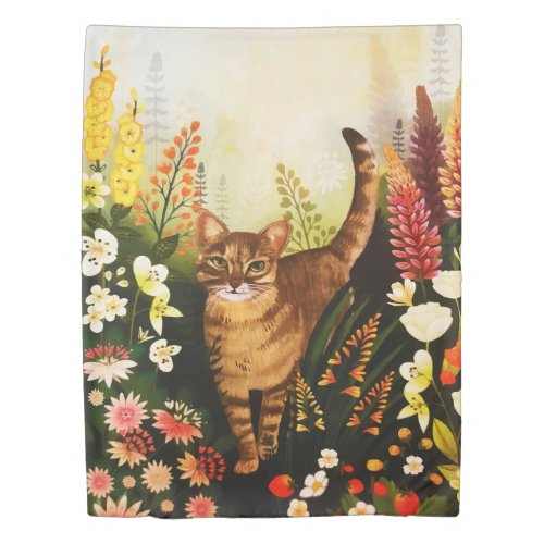 Vintage Cat In The Blooming Garden Watercolor Duvet Cover