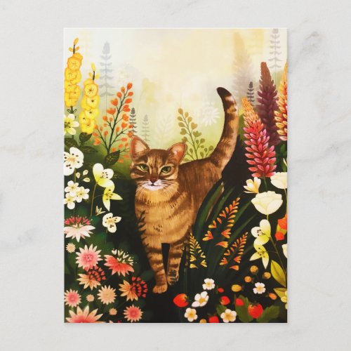 Vintage Cat In The Blooming Garden Watercolor Holiday Postcard