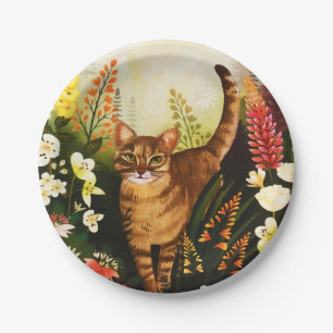 Vintage Cat In The Blooming Garden Watercolor Paper Plates