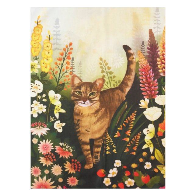 Vintage Cat In The Blooming Garden Watercolor Tablecloth (Front)