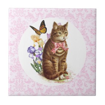 Vintage Cat Iris Flowers And Butterfly Ceramic Tile by Susang6 at Zazzle