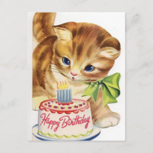 Vintage Cat Kitten Birthday Cake Greeting Postcard