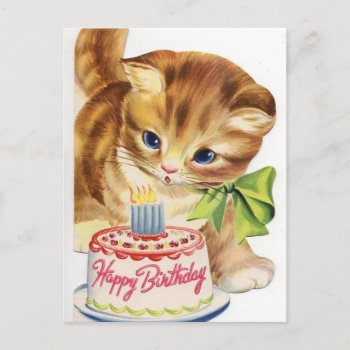 Vintage Cat Kitten Birthday Cake Greeting Postcard by ZazzleArt2015 at Zazzle