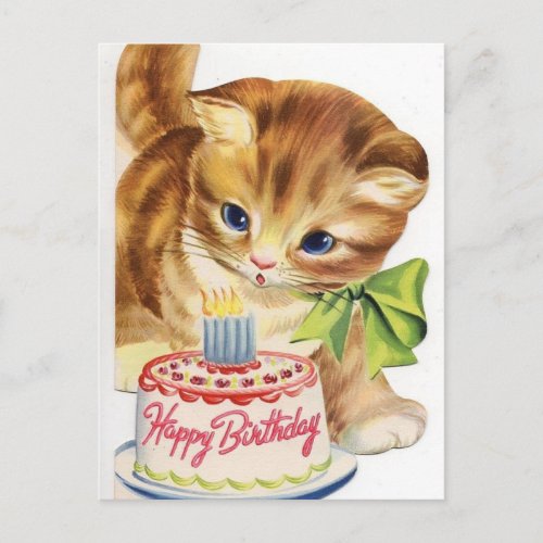 Vintage Cat Kitten Birthday Cake Greeting Postcard