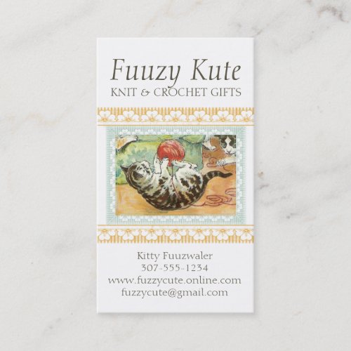 Vintage cat kitten playing w yarn knitting crochet business card