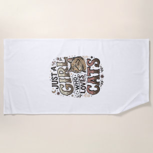 Vintage Cat Lover Girl Typography Design_1 Beach Towel