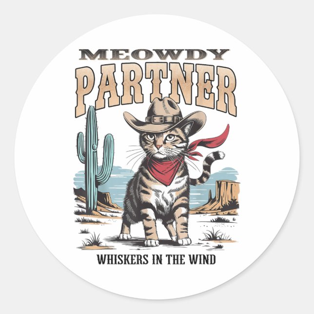 Vintage Cat Meowdy Partner Cowboy Gifts For Men Wo Classic Round Sticker (Front)