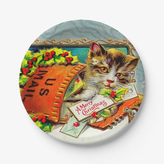 Vintage Cat Merry Christmas  Paper Plates (Front)