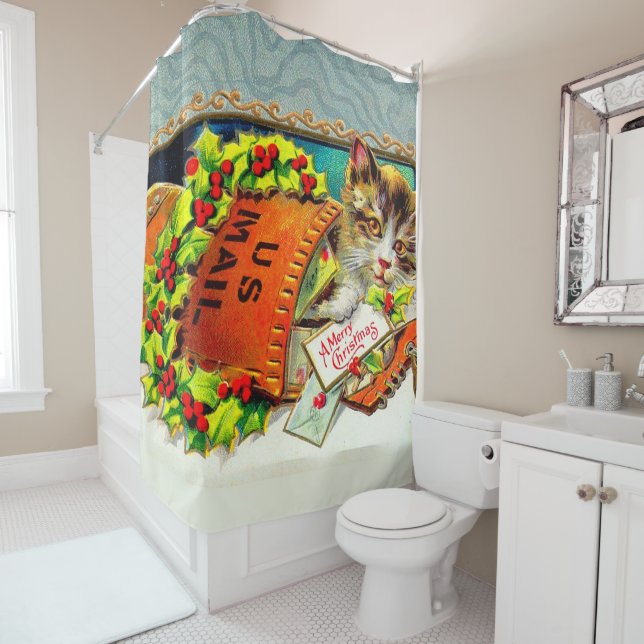Vintage Cat Merry Christmas Shower Curtain (In Situ)