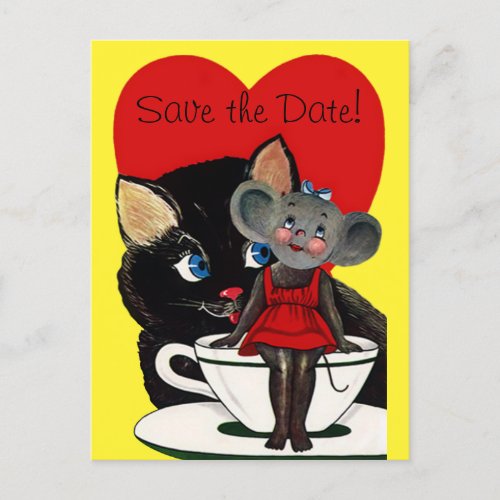 Vintage Cat Mouse Red Heart Wedding Save the Date Announcement Postcard