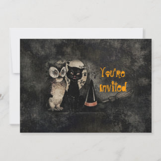 Vintage Cat Owl Black Halloween Party Invitation