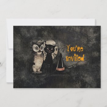 Vintage Cat Owl Black Halloween Party Invitation by MarceeJean at Zazzle