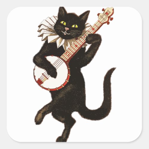 Vintage Cat Playing Banjo Square Sticker