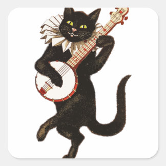 Vintage Cat Playing Banjo Square Sticker