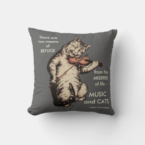 Vintage Cat Playing Fiddle Art Music Quote Throw Pillow