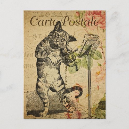 vintage cat playing fiddle postcard