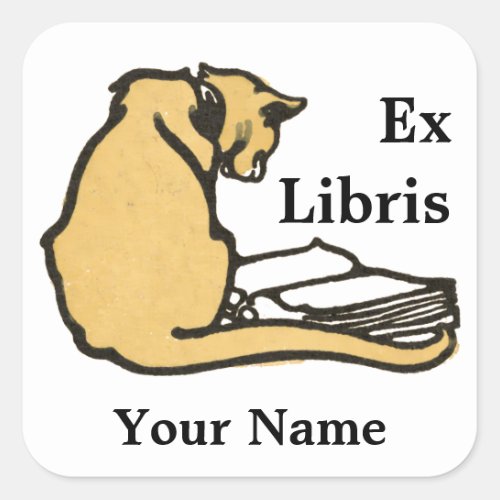 Vintage Cat Reading Book Ex Libris Template Square Sticker