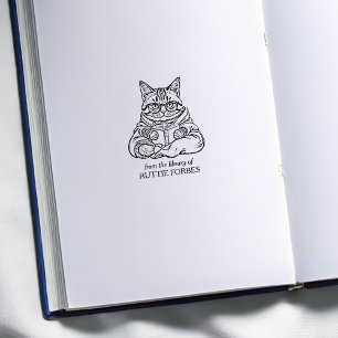 Vintage Cat Reading Bookplate Rubber Stamp