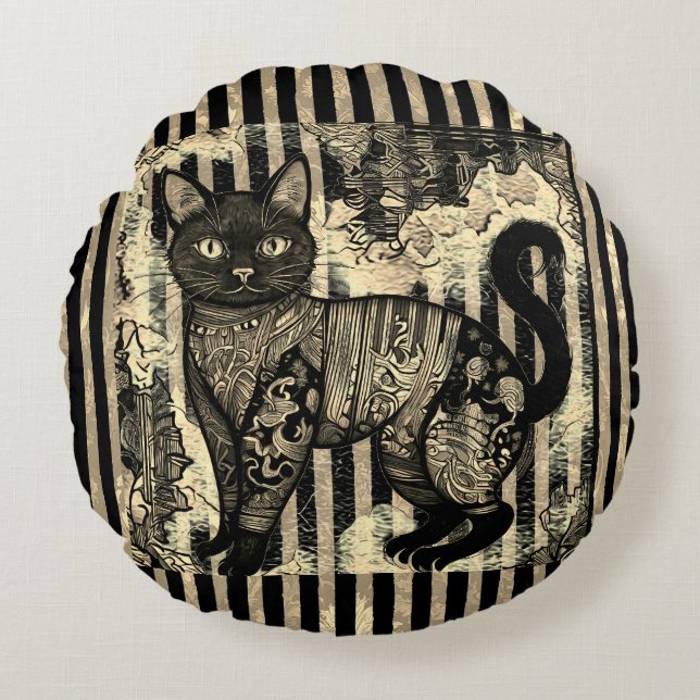 Vintage Cat Retro,Stripes Pattern  Round Pillow (Front)