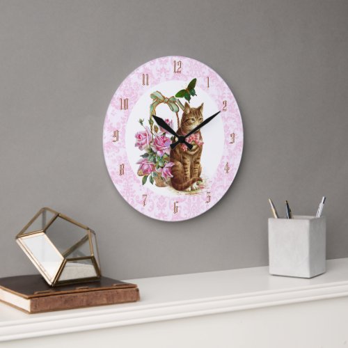 Vintage Cat Rose Flowers Gold Numbers Large Clock