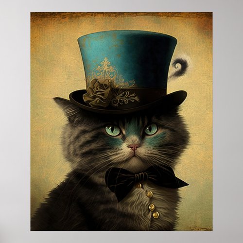 Vintage Cat Self Portrait in Blue Fashioned Hat Poster