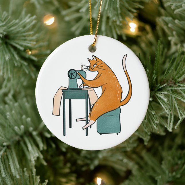 Vintage Cat Sewing Ceramic Ornament (Tree)