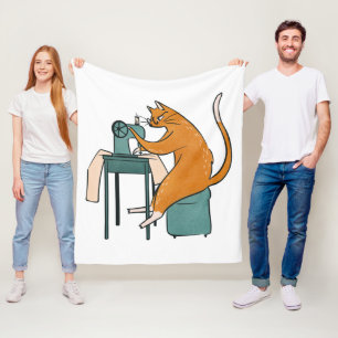 Vintage Cat Sewing Fleece Blanket
