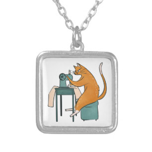 Vintage Cat Sewing Silver Plated Necklace