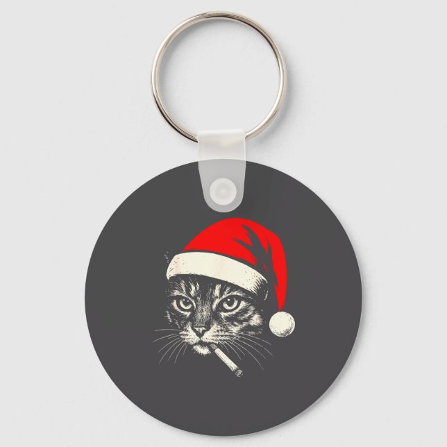 Vintage Cat Smoking Cigarette Christmas Cat Santa  Keychain (Front)