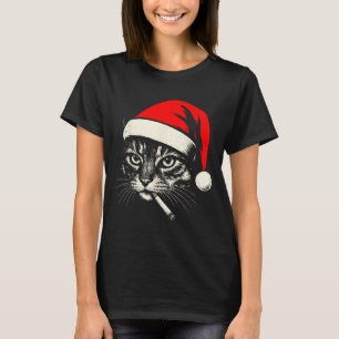 Vintage Cat Smoking Cigarette Christmas Cat Santa  T-Shirt