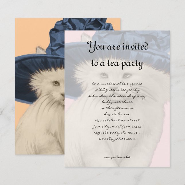 Vintage Cat Tea Party Invitation Vintage Blue Hat (Front/Back)