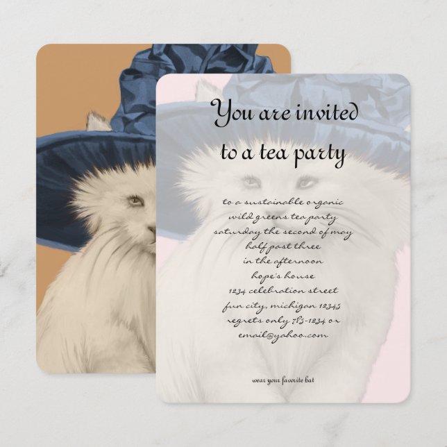 Vintage Cat Tea Party Invitation Vintage Blue Hat (Front/Back)