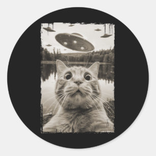 Vintage Cat Ufo Encounters - Funny Ufo And Cat Sel Classic Round Sticker