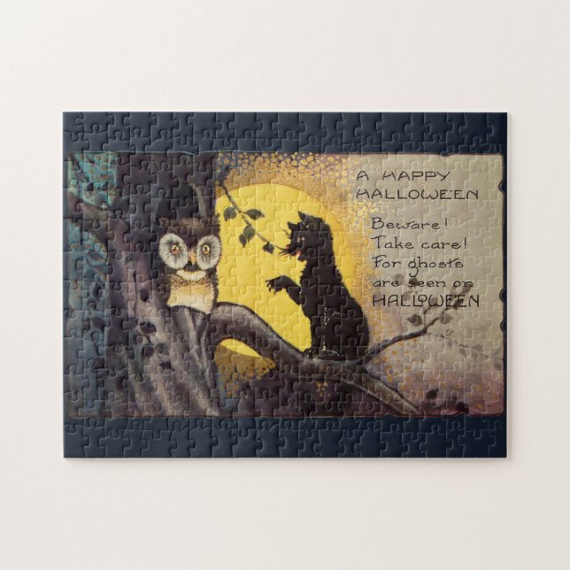 Vintage Cat Warning Owl - Halloween Jigsaw Puzzle (Horizontal)