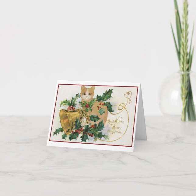 Vintage Cat with Bells and Holly Christmas Card (Front)