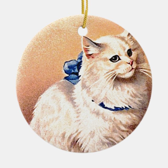 Vintage Cat with Blue Bow Ceramic Ornament (Front)