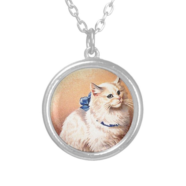 Vintage Cat with Blue Bow Silver Plated Necklace (Front)