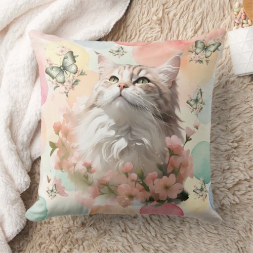 Vintage Cat with Butterflies Pink Pastel Colors Throw Pillow