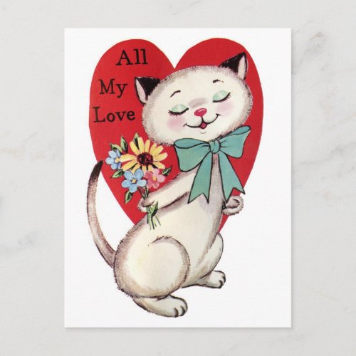 Vintage Cat With Flowers Valentine Postcard