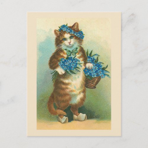 Vintage Cat with Forget_me_nots Postcard