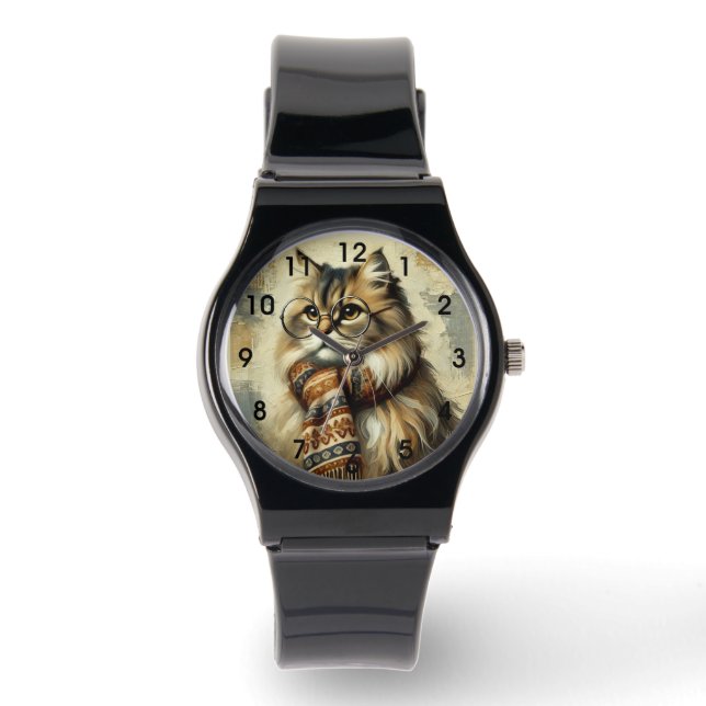 Vintage Cat with Glasses and Scarf  Watch (Front)